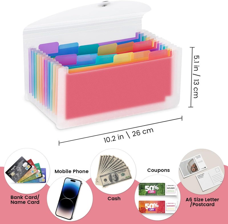 RIEJIN 13 Pocket A6 Receipt Organizer, 2 Pack Small Accordion File Organizer, Coupon Organizer with Labels - Clear and Black - Image 2